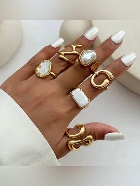 Gold Rings with White Pearl and Mother-of-Pearl Accents